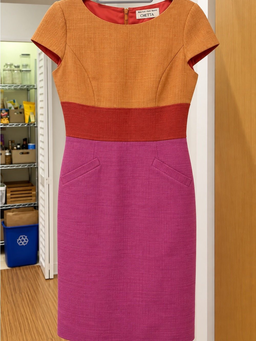 Chetta B Orange, Red & Pink Colorblock Sheath Dress